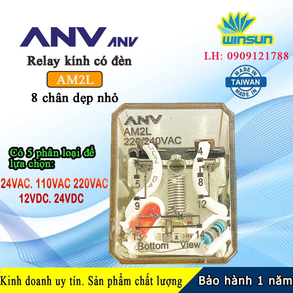 ANV Rơ le trung gian ANV AM2L relay kính trắng 8 chân dẹp nhỏ Winsun