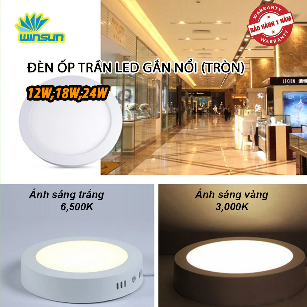 Đèn ốp trần LED gắn nổi 24W (tròn) BH đổi mới 12 tháng