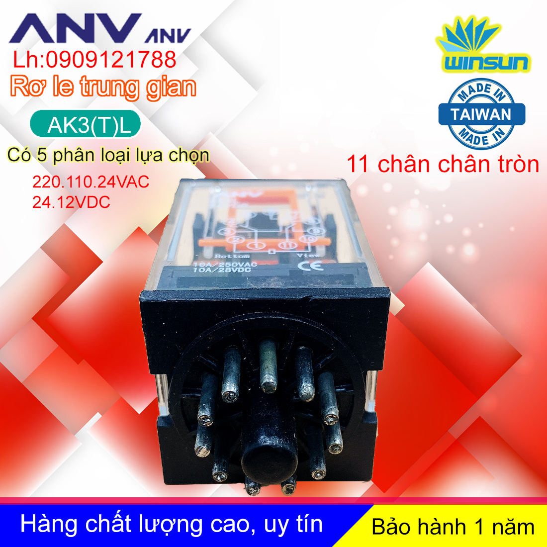 ANV Rơ le trung gian ANV AK3(T)L relay kính trắng 11 chân tròn Winsun