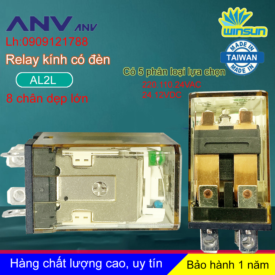 ANV Rơ le trung gian ANV AL2L relay kính trắng 8 chân dẹp lớn Winsun