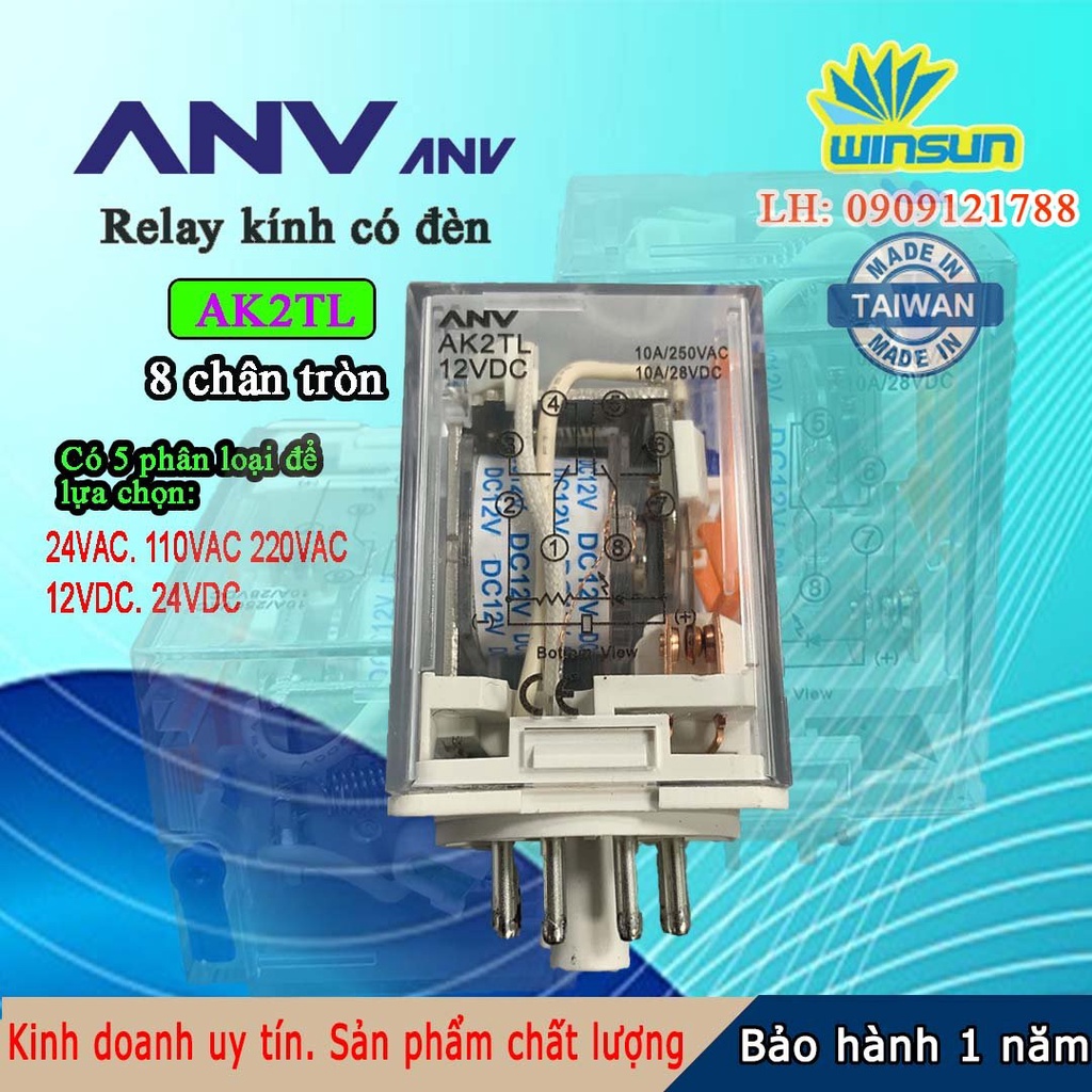 ANV Rơ le trung gian ANV AK2TL relay kính trắng 8 chân tròn Winsun