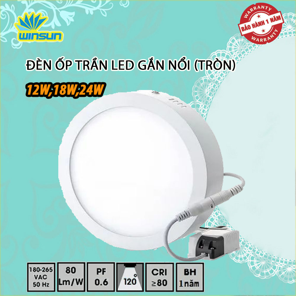 Đèn ốp trần LED gắn nổi 24W (tròn) BH đổi mới 12 tháng