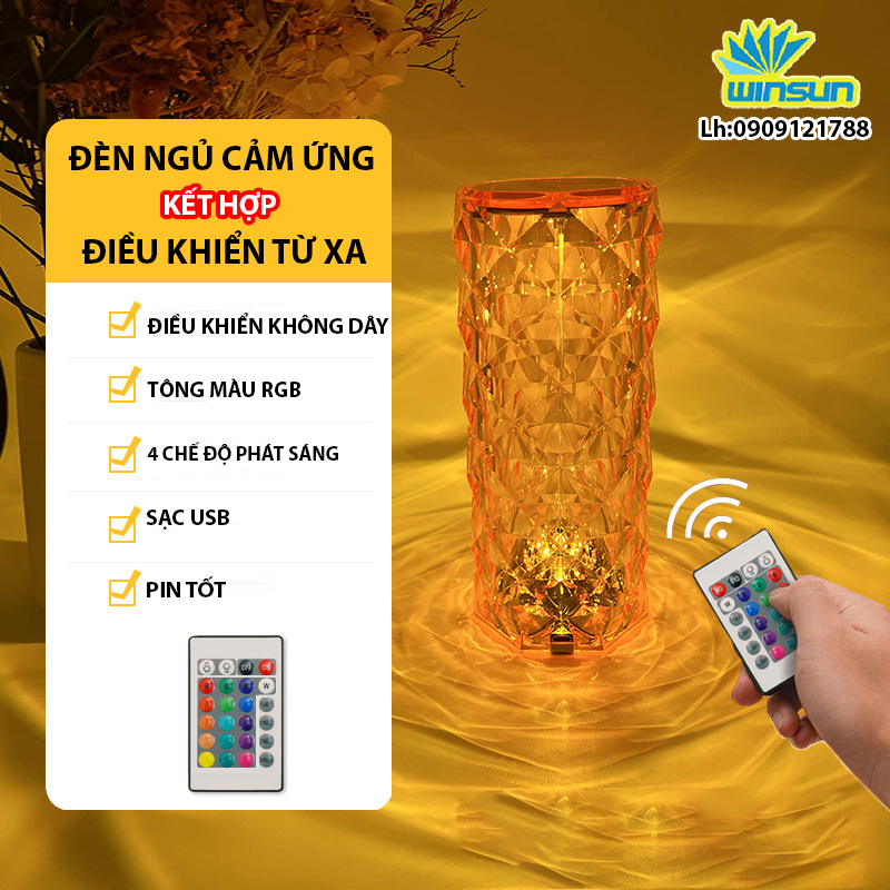 [ Tặng thêm remote] Đèn ngủ pha lê cảm ứng, đèn để bàn RGB có điều khiển 16 chế độ đèn hoa hồng Tây Ban Nha