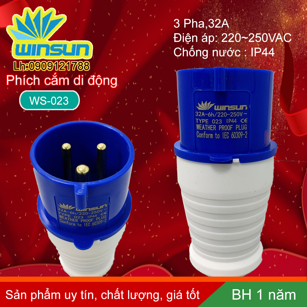 Phích cắm di động công nghiệp 3 chấu 16A, 32A 3 pha Winsun