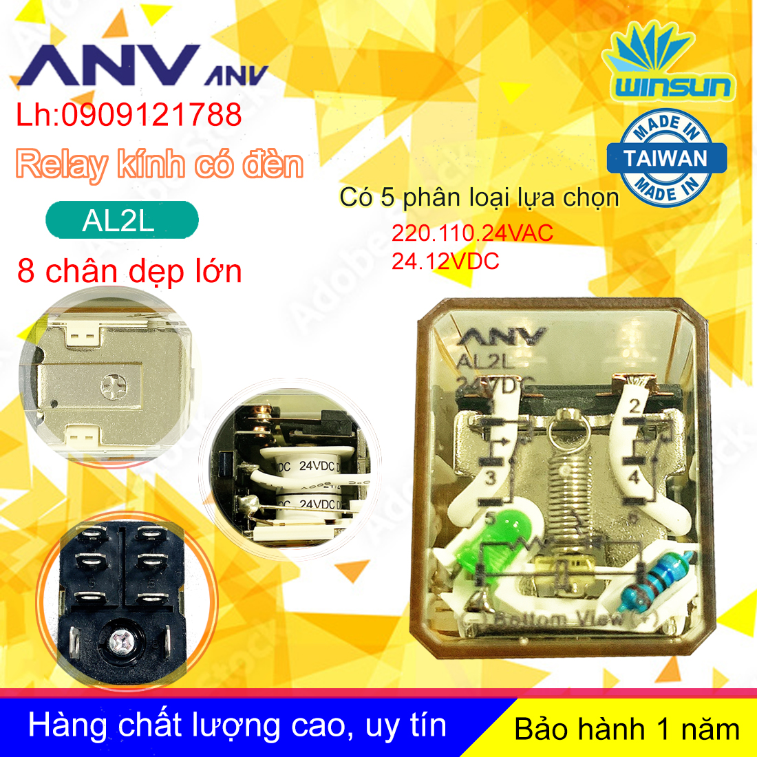 ANV Rơ le trung gian ANV AL2L relay kính trắng 8 chân dẹp lớn Winsun