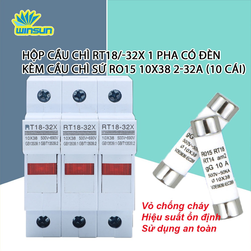 Hộp cầu chì RT18-32X 1 Pha có đèn kèm cầu chì sứ RO15 10x38 2-32A (combo 10 cái)