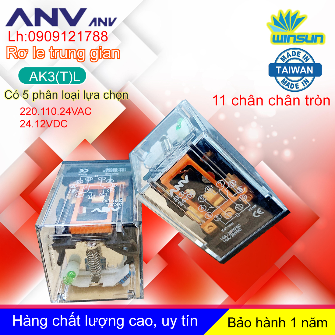 ANV Rơ le trung gian ANV AK3(T)L relay kính trắng 11 chân tròn Winsun