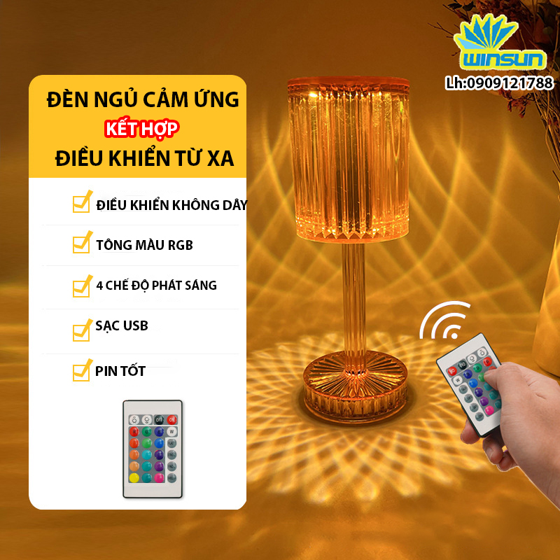 [ Tặng thêm remote] Đèn ngủ để bàn, đèn pha lê kim cương, đèn bàn trang trí, đèn cảm ứng, đèn màu Led