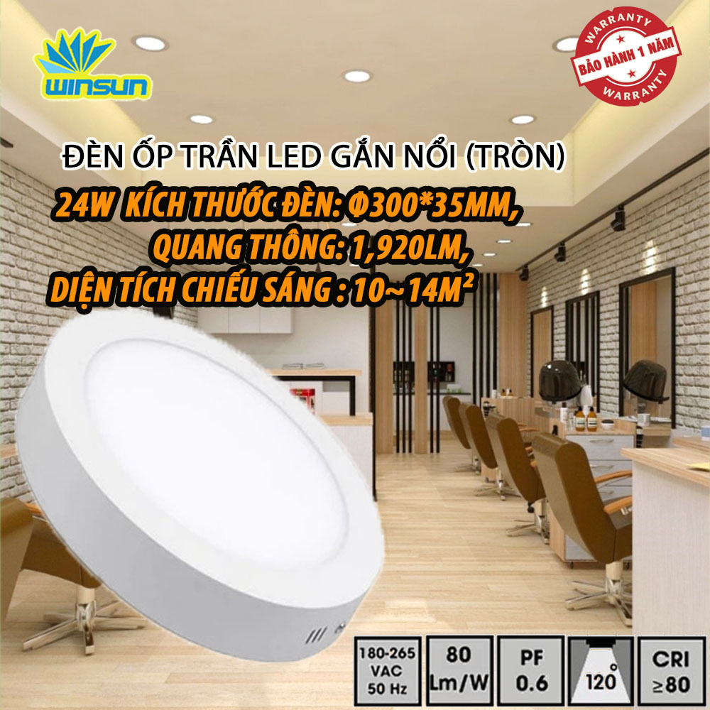 Đèn ốp trần LED gắn nổi 24W (tròn) BH đổi mới 12 tháng