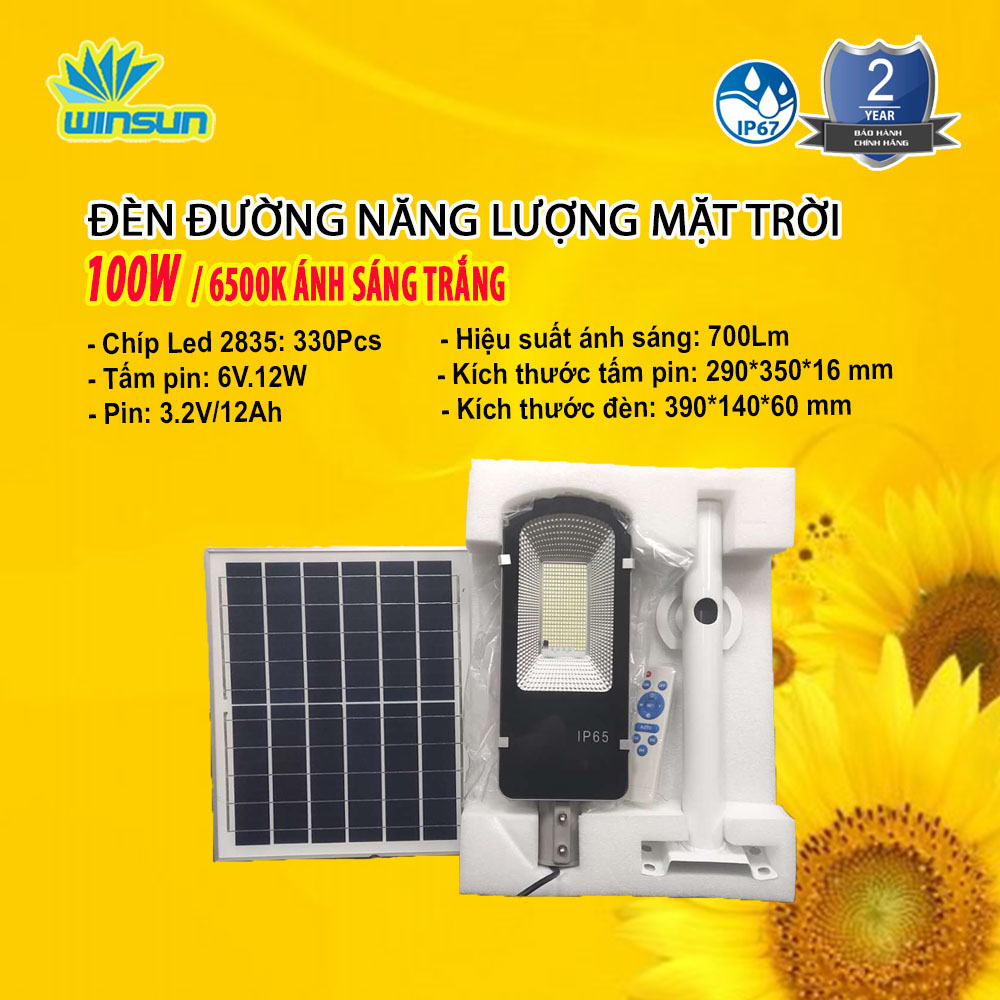 Đèn Đường Năng Lượng Mặt Trời Siêu Sáng IP67 chống thấm nước 100W