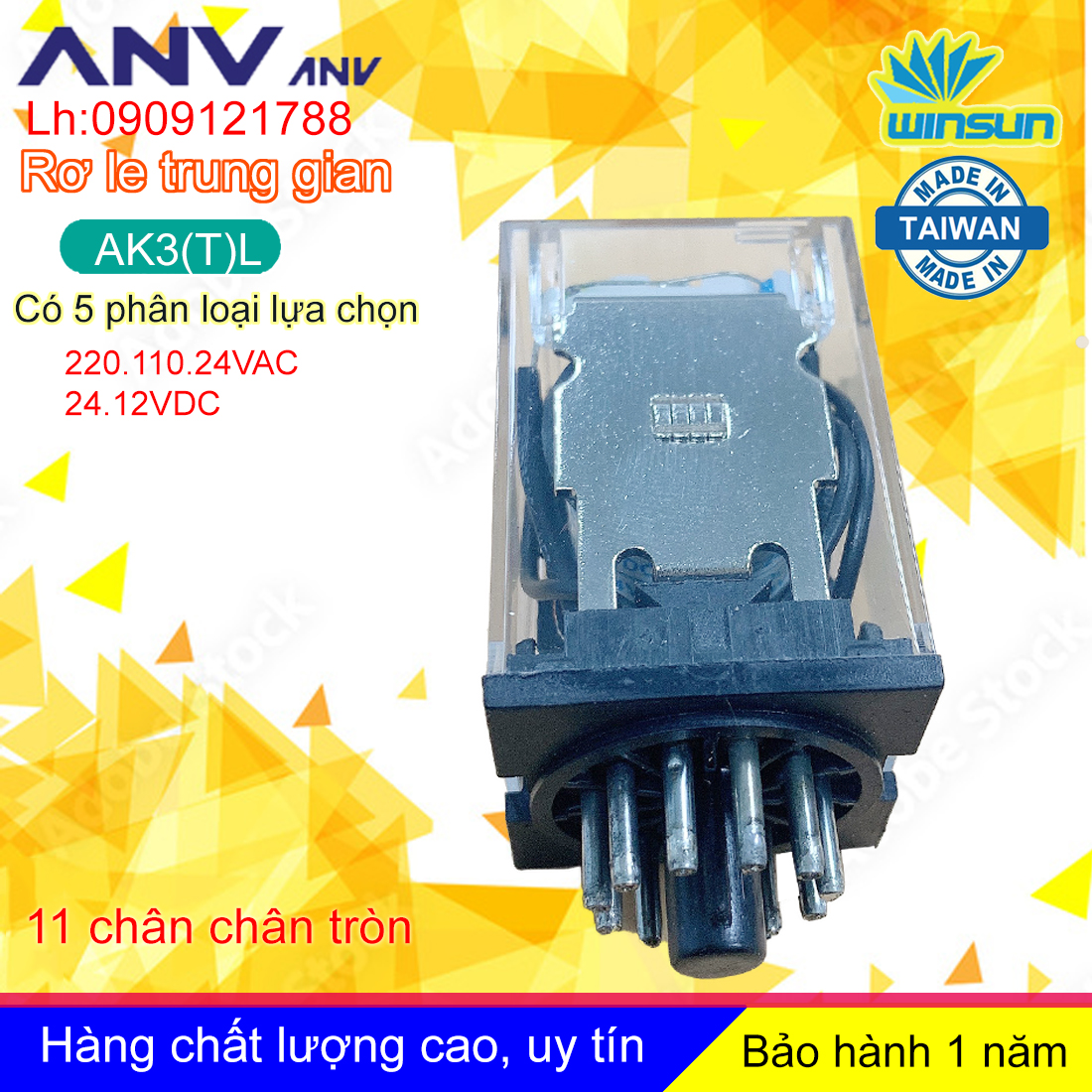 ANV Rơ le trung gian ANV AK3(T)L relay kính trắng 11 chân tròn Winsun