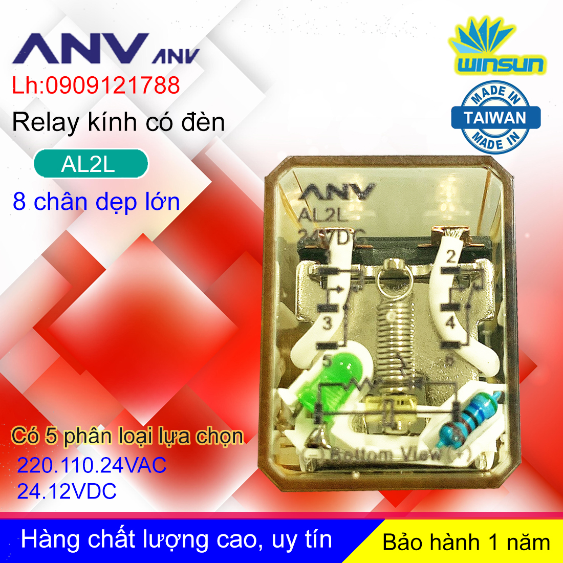 ANV Rơ le trung gian ANV AL2L relay kính trắng 8 chân dẹp lớn Winsun