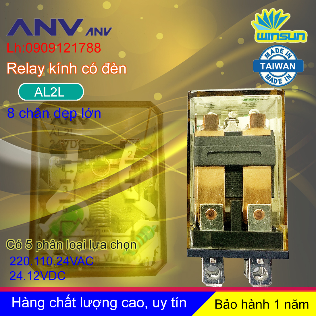 ANV Rơ le trung gian ANV AL2L relay kính trắng 8 chân dẹp lớn Winsun