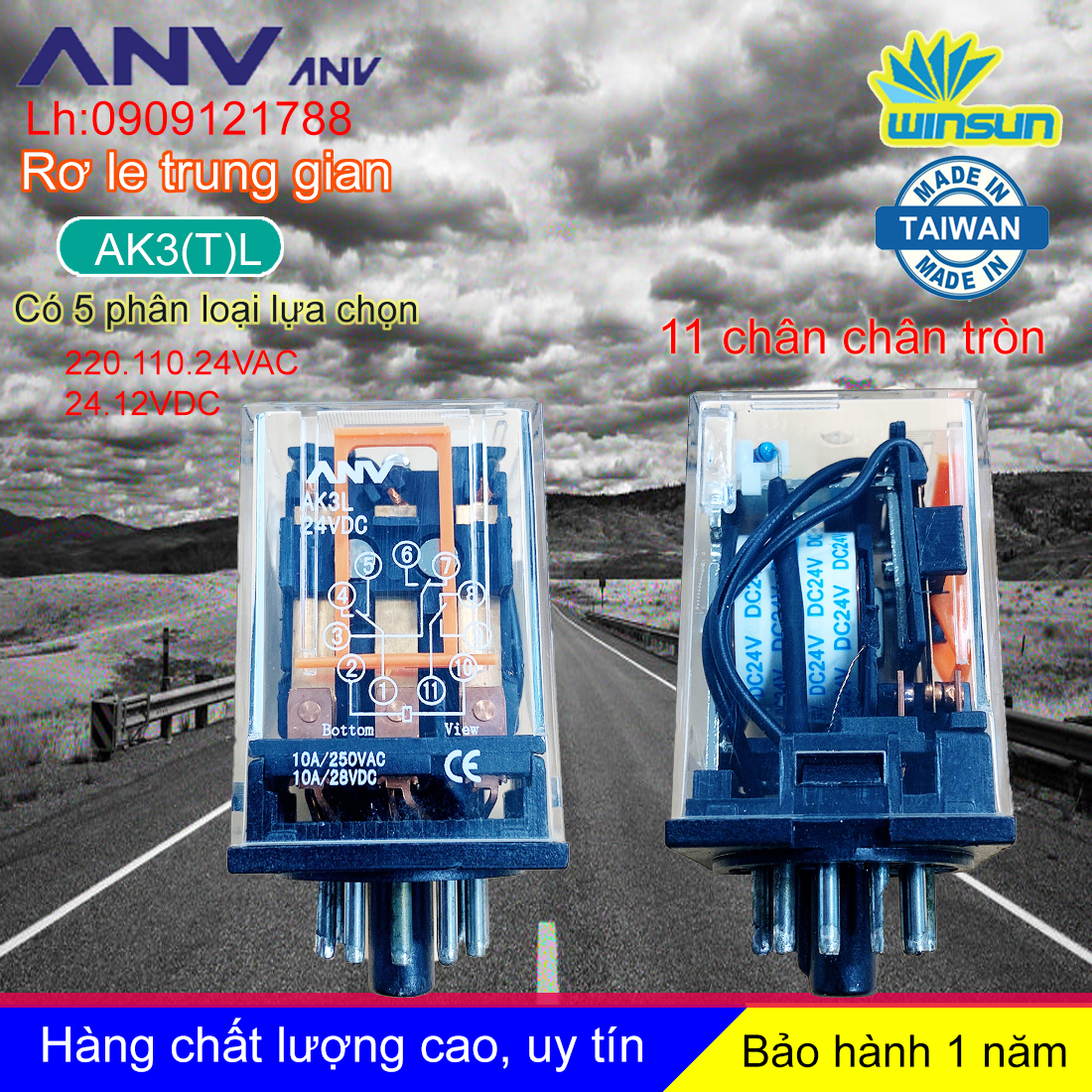 ANV Rơ le trung gian ANV AK3(T)L relay kính trắng 11 chân tròn Winsun