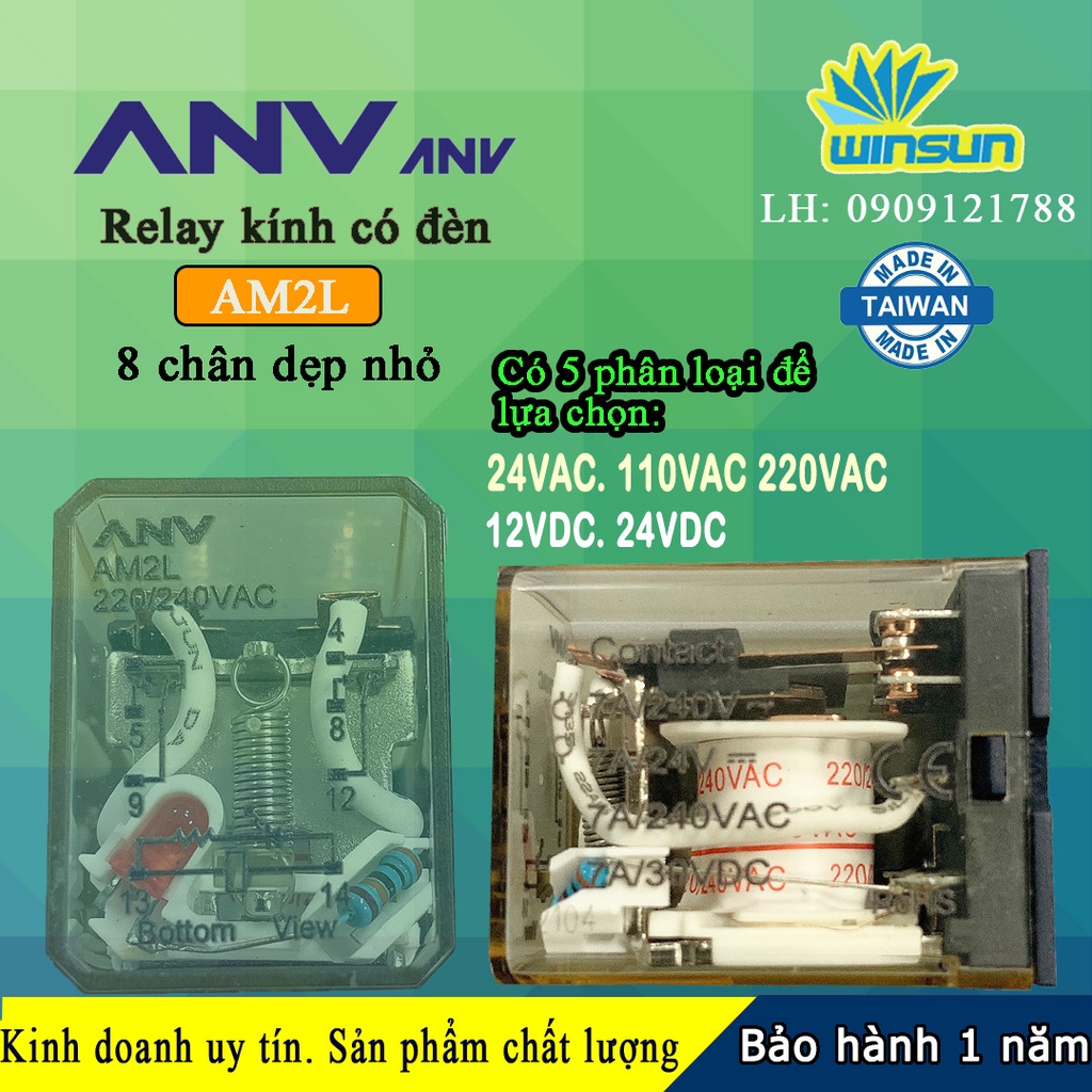 ANV Rơ le trung gian ANV AM2L relay kính trắng 8 chân dẹp nhỏ Winsun