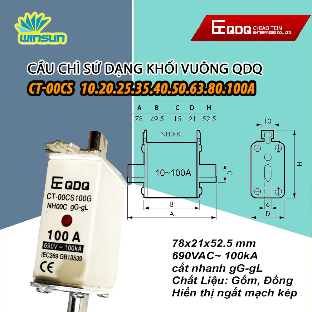 Cầu Chì Sứ Dạng Khối Vuông HRC QDQ 10A~160A