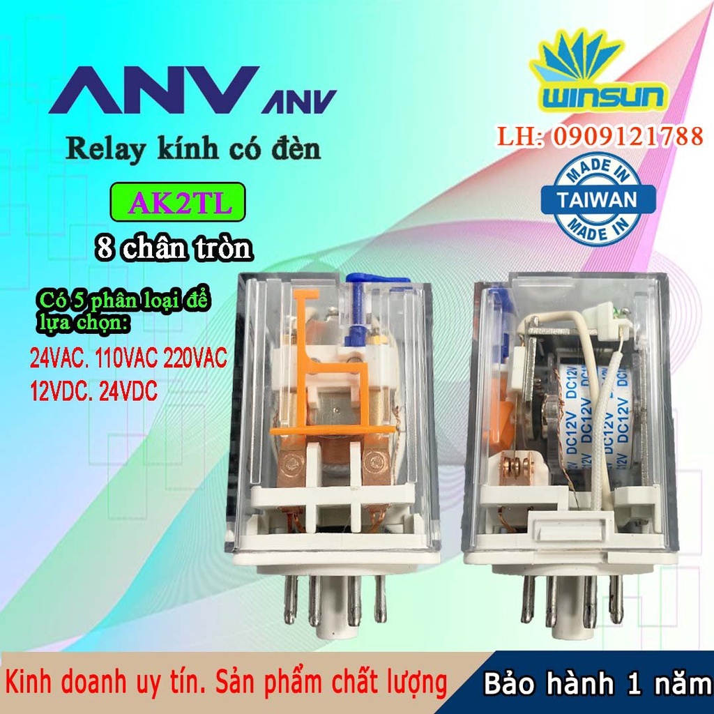 ANV Rơ le trung gian ANV AK2TL relay kính trắng 8 chân tròn Winsun