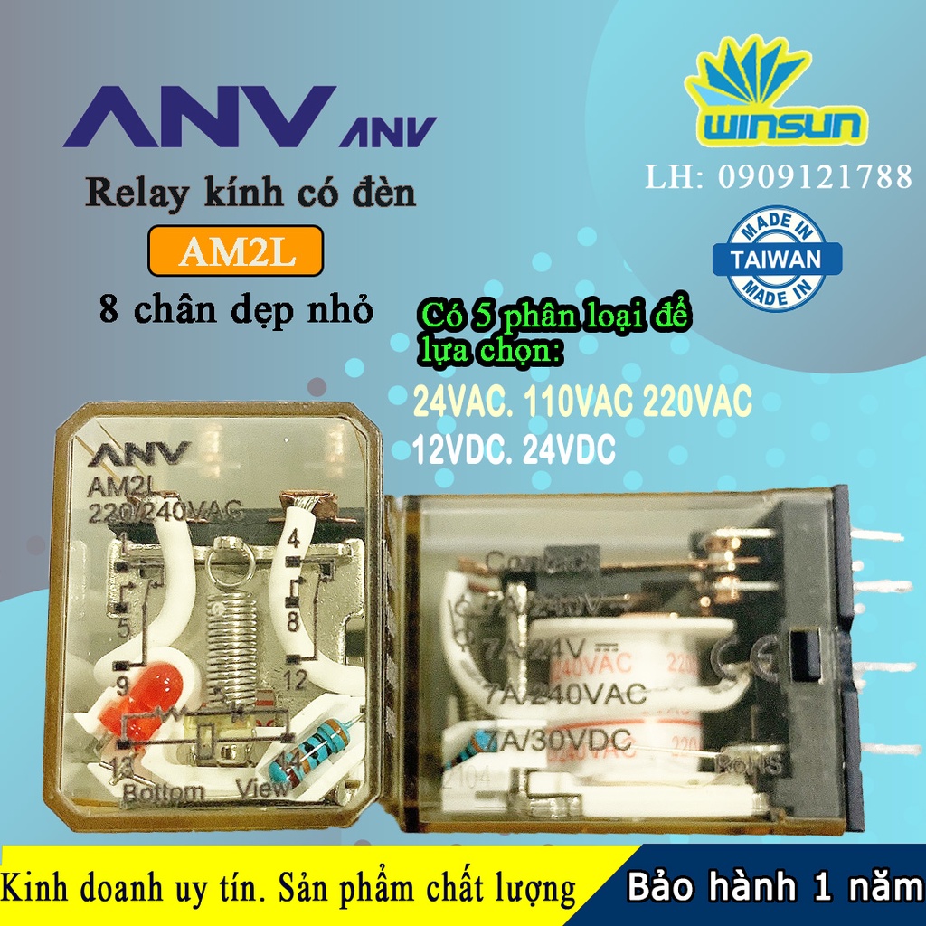 ANV Rơ le trung gian ANV AM2L relay kính trắng 8 chân dẹp nhỏ Winsun