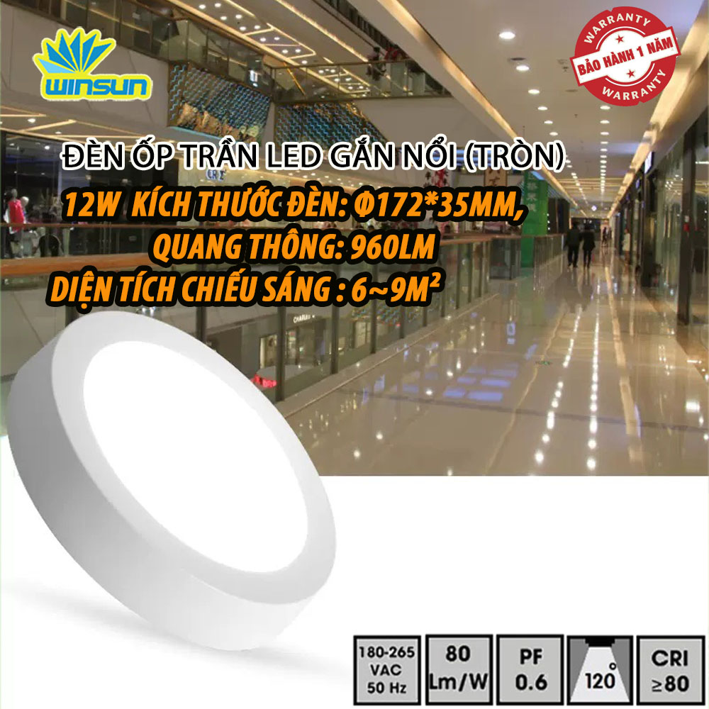 Đèn ốp trần LED gắn nổi 12W (tròn) BH đổi mới 12 tháng