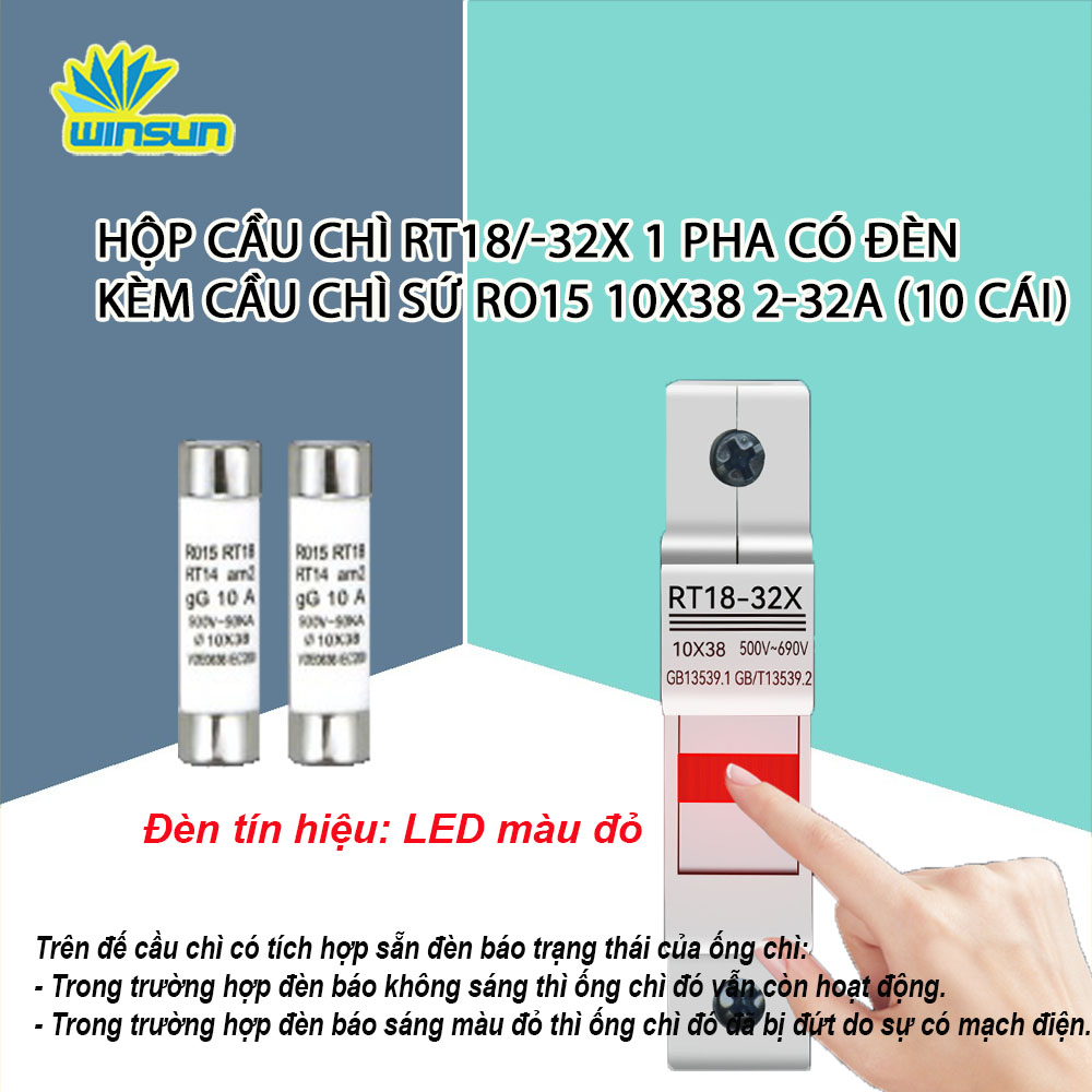 Hộp cầu chì RT18-32X 1 Pha có đèn kèm cầu chì sứ RO15 10x38 2-32A (combo 10 cái)