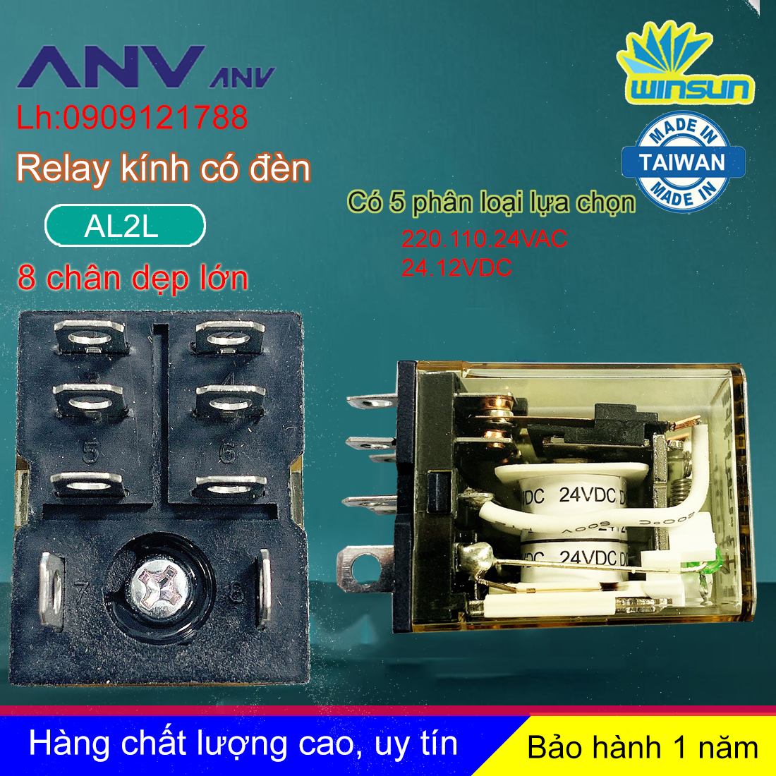 ANV Rơ le trung gian ANV AL2L relay kính trắng 8 chân dẹp lớn Winsun