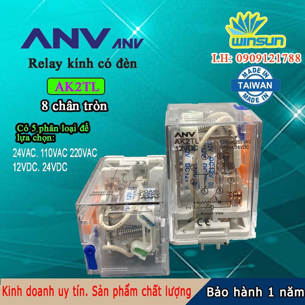 ANV Rơ le trung gian ANV AK2TL relay kính trắng 8 chân tròn Winsun