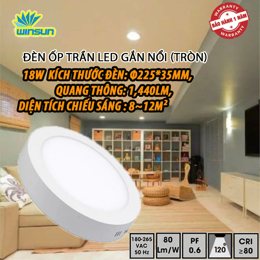 Đèn ốp trần LED gắn nổi 18W (tròn) BH đổi mới 12 tháng