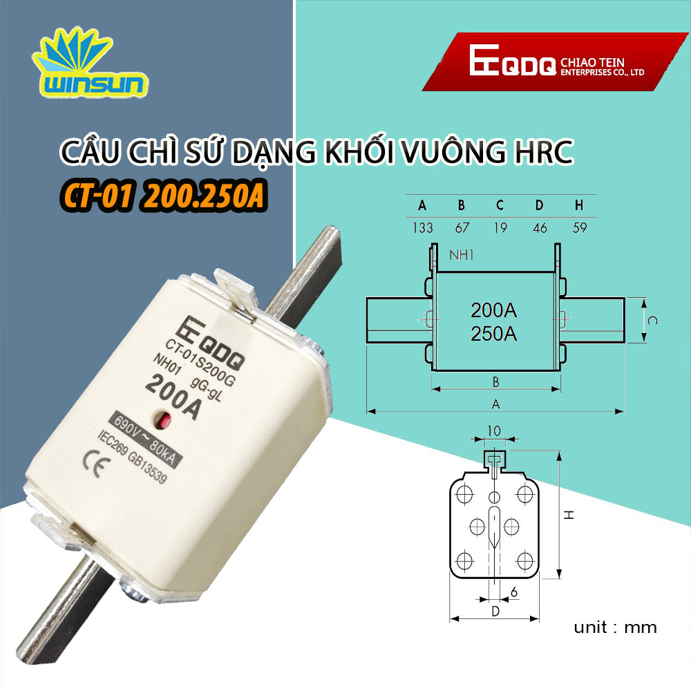 Cầu Chì Sứ Dạng Khối Vuông HRC QDQ 200,250A& Đế