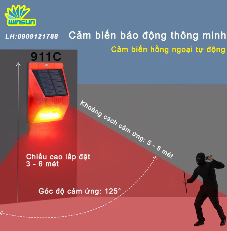 Còi chống trộm SOLAR, chuông báo chống trộm hồng ngoại dùng năng lượng mặt trời 911C