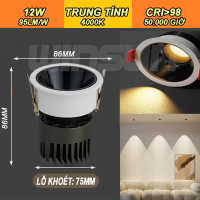Đèn Led âm trần rọi chống chói Spotlight 7W.10W.12W CRI>98 lỗ khoét 75, chóa Đen