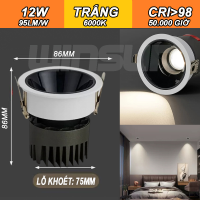 Đèn Led âm trần rọi chống chói Spotlight 7W.10W.12W CRI>98 lỗ khoét 75, chóa Đen