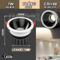 Đèn Led âm trần rọi chống chói Spotlight 7W.10W.12W CRI>98 lỗ khoét 75, chóa Đen