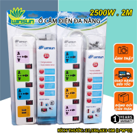 Ổ cắm điện đa năng thông minh 2 cổng USB 5v sạc nhanh, Ổ chịu tải 2500W giờ dây nối 2m, Ổ cắm nối dài an toàn