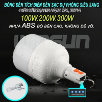 Bóng đèn tích điện. Đèn sạc dự phòng siêu sáng 100W.200W.300W. Tặng kèm dây sạc, màu trắng hiển thị dung lượng