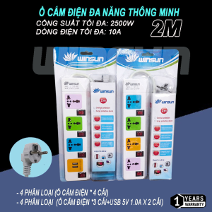 Ổ cắm điện đa năng thông minh 2 cổng USB 5v sạc nhanh, Ổ chịu tải 2500W giờ dây nối 2m, Ổ cắm nối dài an toàn