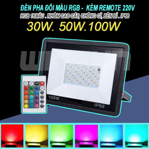 Đèn pha đổi màu 50W RGB kèm Remote 220V. BH: 2 năm ( 1 đổi 1 )