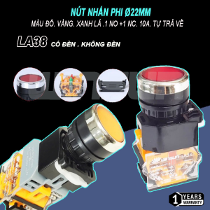 Nút nhấn nhả phi 22mm - Không đèn, có đèn LA38. BH: 1 năm ( 1 đổi 1 )