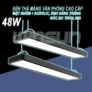 Đèn thả máng văn phòng cao cấp mặt nhôm + Acrylic, ánh sáng trắng góc bo tròn, đèn máng thả trần dạng hộp 1m2 48W. BH: 2 năm ( 1 đổi 1 )