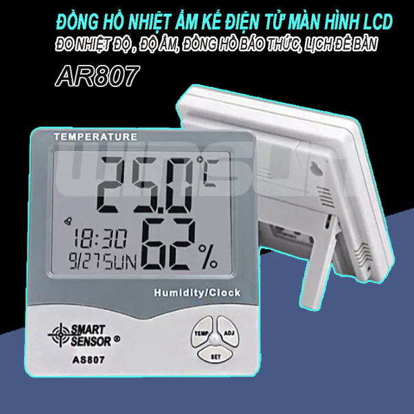 Đồng hồ nhiệt ẩm kế điện tử AR807 đo nhiệt độ phòng, độ ẩm, nhiệt ẩm kế điện tử kiêm đồng hồ báo thức màn hình LCD
