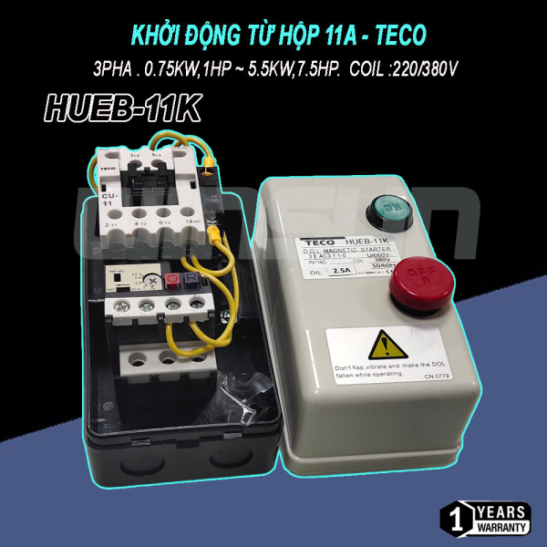 Khởi Động Từ Hộp 11A TECO HUEB-11K Contactor Điện Áp COIL 220V và 380V