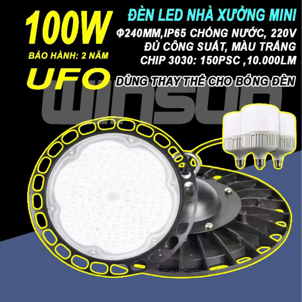 Đèn LED nhà xưởng mini 100W ánh sáng trắng Chiếu sáng công nghiệp chống bụi chống nước treo trần BH: 2 năm ( 1 đổi 1 )