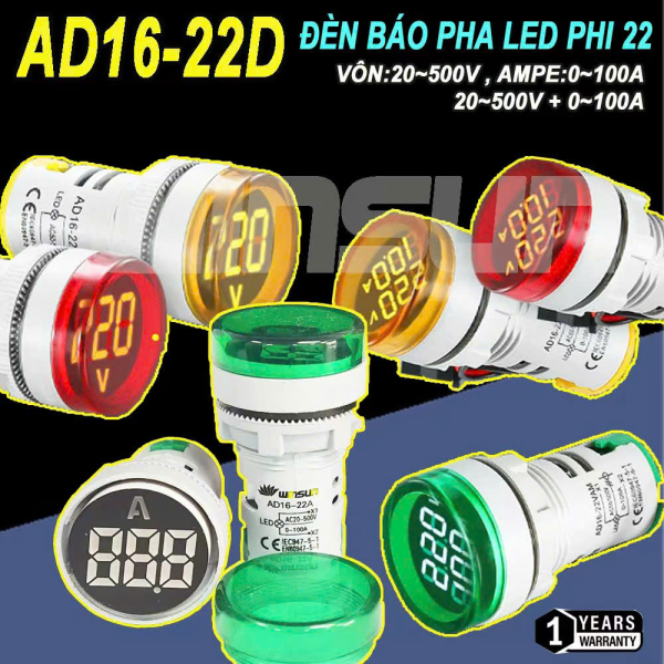 Đèn báo pha hiển thị volt ampe đèn báo volt ampe phi 22 màu đỏ vàng xanh trắng
