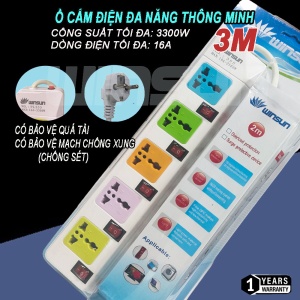 Ổ cắm điện đa năng, Ổ chịu tải 2500W, 3300W giờ dây nối 2m, 3m, Ổ cắm nối dài 10A, 16A