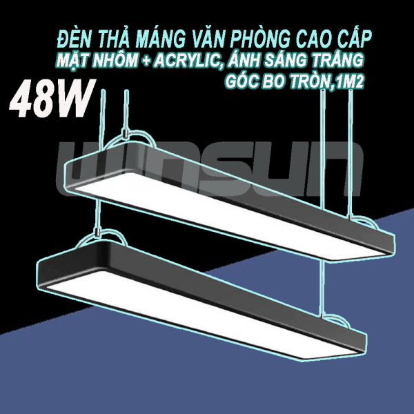 Đèn thả máng văn phòng cao cấp mặt nhôm + Acrylic, ánh sáng trắng góc bo tròn, đèn máng thả trần dạng hộp 1m2 48W. BH: 2 năm ( 1 đổi 1 )