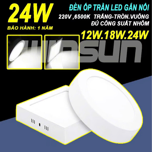 Đèn ốp trần LED gắn nổi 12W, 18W, 24W tròn, vuông. BH đổi mới 12 tháng