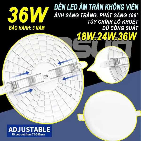 Đèn Led downlight âm trần 18W 24W 36W (tròn) phát sáng 180° không viền phù hợp mọi kích cỡ lỗ khoét-tùy chỉnh lỗ khoét. BH: 2 năm ( 1 đổi 1 )